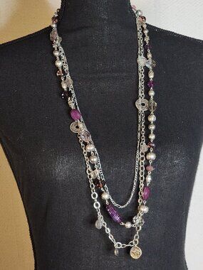 Premier Designs Silver Tone Three Strand Purple Silver Beaded 32" Coin Necklace